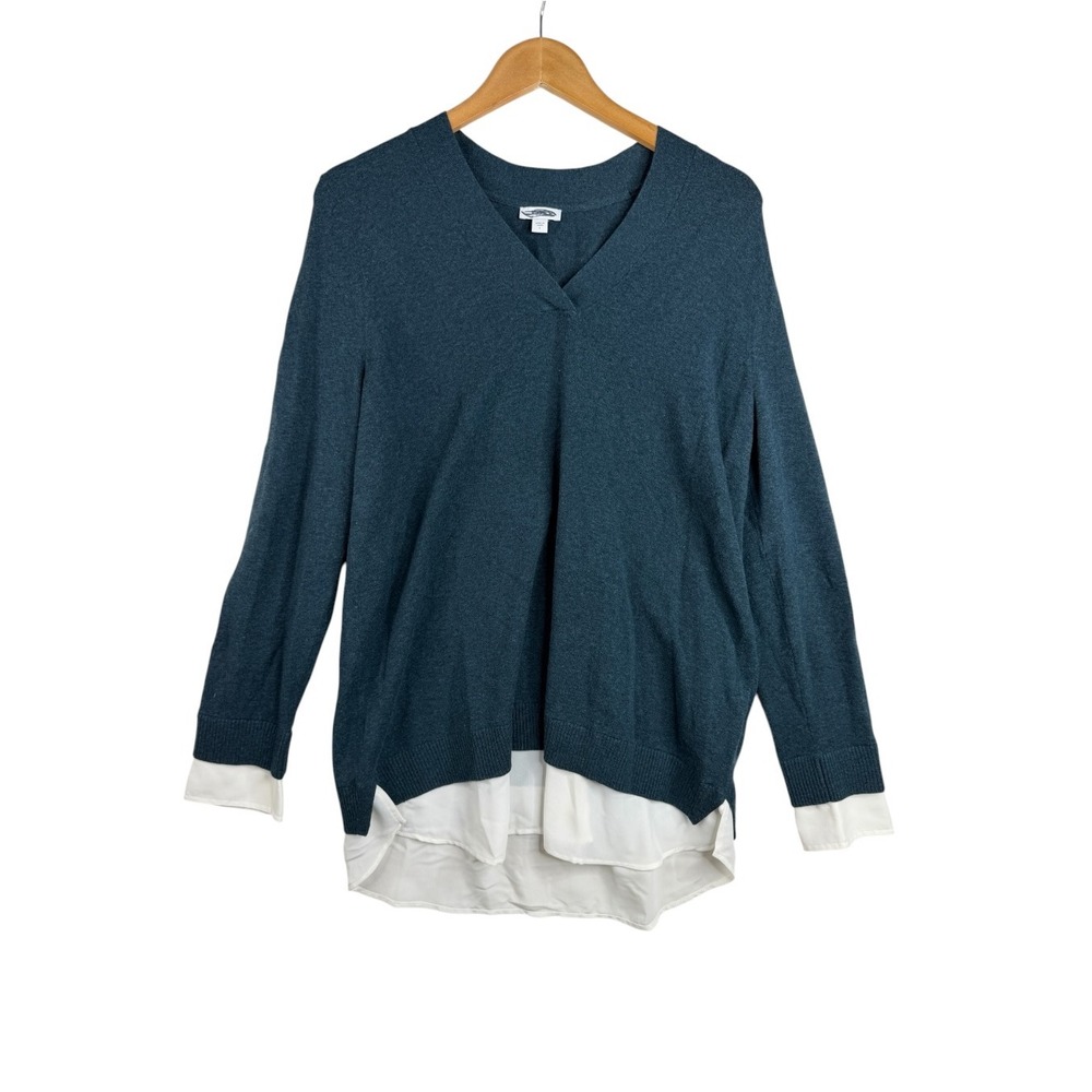 J. Jill Long Sleeve V-neck Layered Hem and Cuff Top size Large Green/White